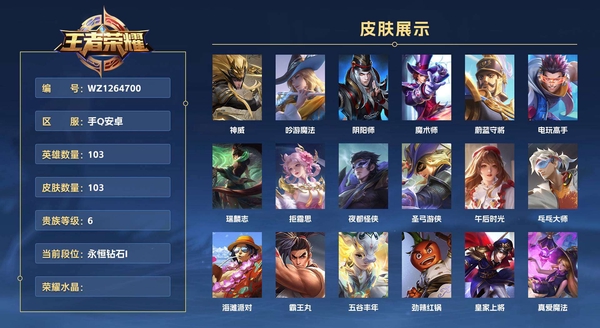 王者荣耀账号安卓QQ手Q安卓 103英雄 103皮肤 贵族等级6 神威 吟游魔法 阴阳师 魔术师 蔚蓝守将 电玩高手 瑞麟志 拒霜思 夜都怪侠 圣弓游侠 午后时光 乓乓大师 海滩派对 霸王丸 五谷丰年 劲辣红锅 ...