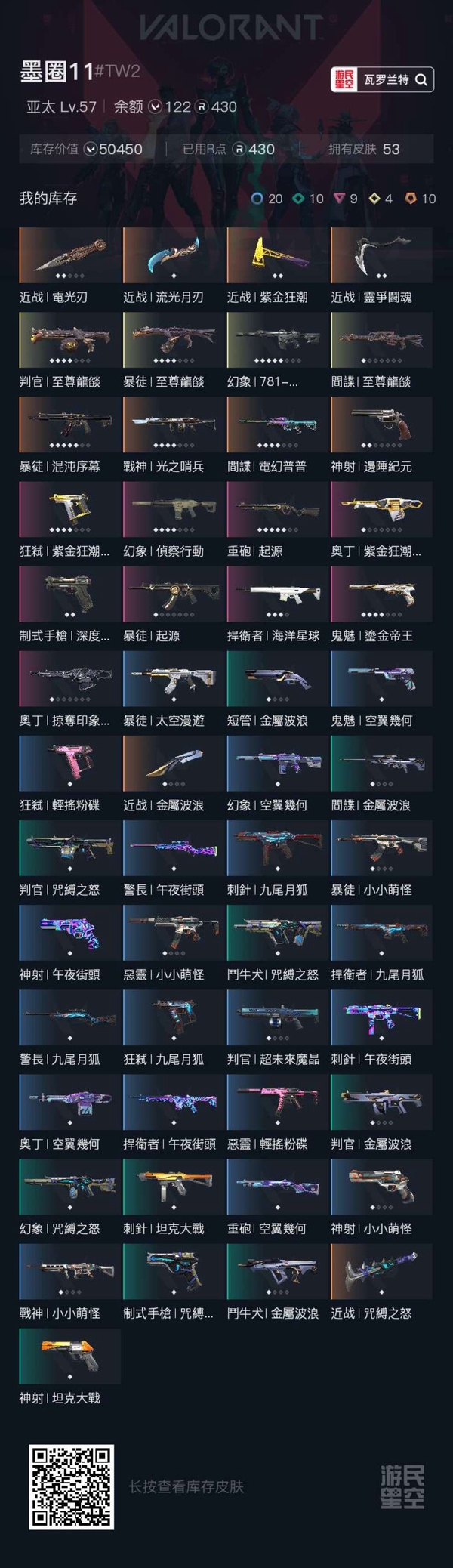 瓦罗兰特账号台服电光蝴蝶+龙炎判官+龙炎暴徒+龙炎大狙+幻想 781+混沌AK+光之哨兵+电幻大狙+边陲左轮+侦查M4