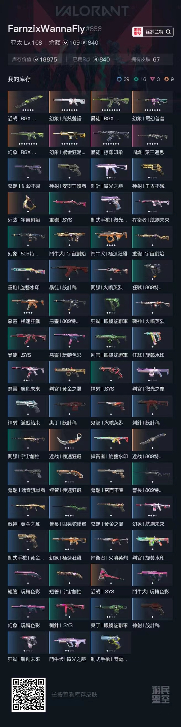 瓦罗兰特账号泰服段位:銀牌3,近战武器-显卡直刀,近战武器-极速狂飙爪刀,近战武器-宇宙创始弧刃,近战武器-809特遣队小刀,近战武器-SYS;幻象-光炫声谱,幻象-显卡,幻象-电幻普普,幻象-紫金狂潮2.0;...