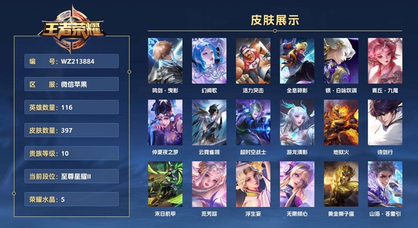 王者荣耀账号苹果VX微信苹果 116英雄 397皮肤 贵族等级10 荣耀典藏5 打野48段 12个省标