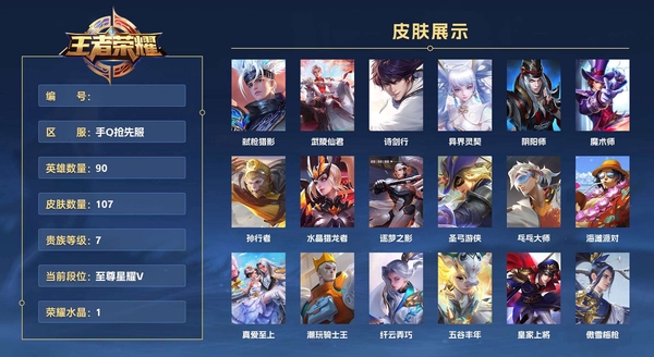 王者荣耀账号手Q抢先服 90英雄 107皮肤 贵族等级7 已兑换荣耀水晶数1 弑枪猎影 武陵仙君 诗剑行 异界灵契 阴阳师 魔术师 孙行者 水晶猎龙者 逐梦之影 圣弓游侠 乓乓大师 海滩派对 真爱至上 潮...