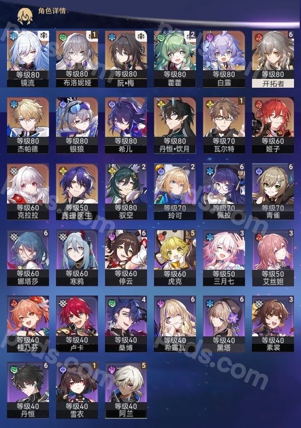 星穹铁道账号mihoyo服开拓等级 69,23金,女主,13个五星角色:镜流,丹恒·饮月,克拉拉,希儿,真理医生,姬子,1阶布洛妮娅,阮•梅,1阶瓦尔特,银狼,杰帕德,2阶藿藿,白露