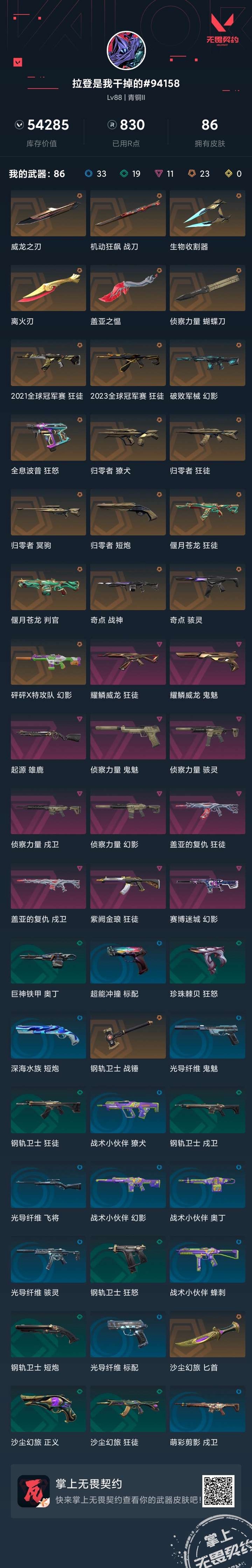 无畏契约账号QQ鬼魅-侦察力量，骇灵-侦察力量，幻影-侦察力量，戍卫-侦察力量，近战武器-侦察力量蝴蝶刀，短炮-归零者，獠犬-归零者，狂徒-归零者，近战武器-生物收割器，冥驹-归零者，近战武器-威龙之刃，近战武...