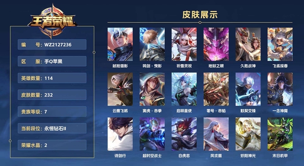 王者荣耀账号苹果QQ手Q苹果,小国李白,小国孙尚香, 114英雄 232皮肤 贵族等级7 已兑换荣耀水晶数2 弑枪猎影 鸣剑·曳影 祈雪灵祝 地狱之眼 久胜战神 飞鸢探春 云鹰飞将 寅虎·赤拳