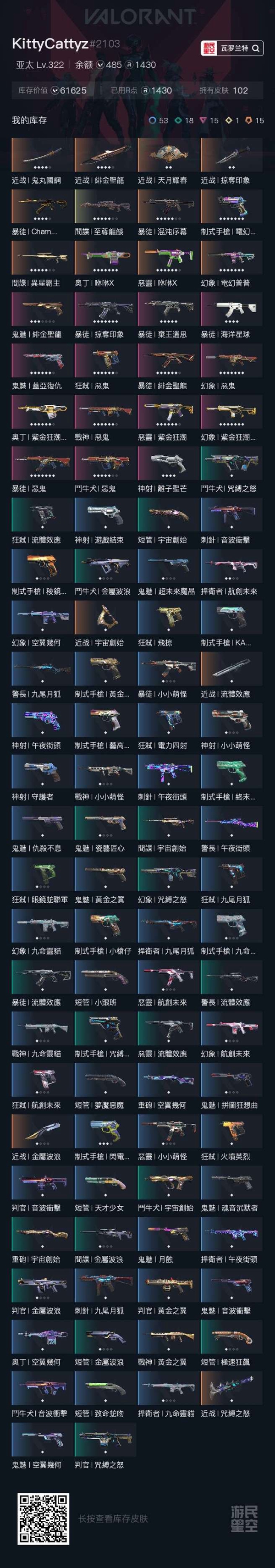 瓦罗兰特账号中国港服段位:无段位;名称:KittyCattyz;等级:Lv.322;库存价值:61625;枪皮数量:102;账号余额:485vp;账号R点:0;枪皮信息:惡鬼2.0套,近战丨緋金聖龍,近战丨天月耀春...