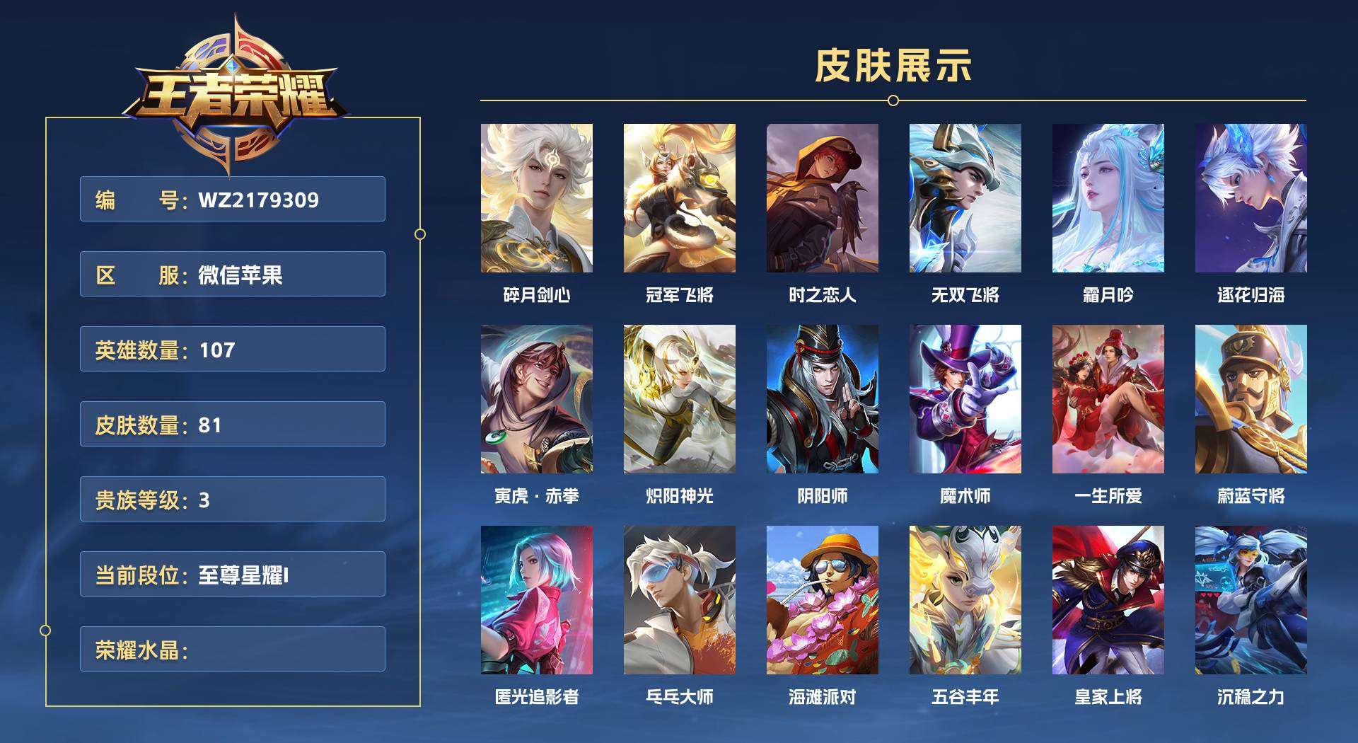 WZ2179309王者荣耀账号详情图1 WZ2179309王者荣耀账号详情图1