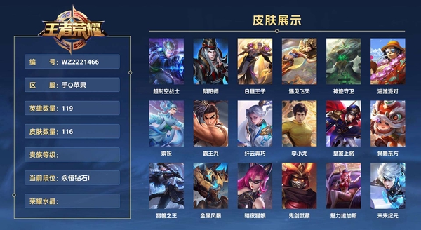 王者荣耀账号苹果QQ手Q苹果 119英雄 116皮肤  超时空战士 阴阳师 白昼王子 遇见飞天 神迹守卫 海滩派对 梁祝 霸王丸 纤云弄巧 李小龙 皇家上将 狮舞东方 猎兽之王 金属风暴 暗夜猫娘 鬼剑武藏 魅力维...