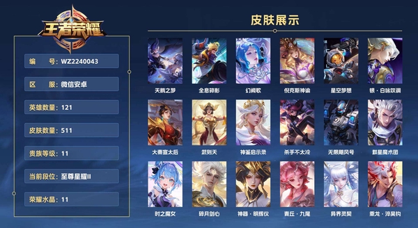 王者荣耀账号安卓VX微信安卓 【金标公孙离 伽罗 瑶 发育36段 Hello Kitty小兵皮肤】121英雄 511皮肤 贵族等级11 已兑换荣耀水晶数11 天鹅之梦 全息碎影 幻阙歌 倪克斯神谕 星空梦想 银·白咏叹