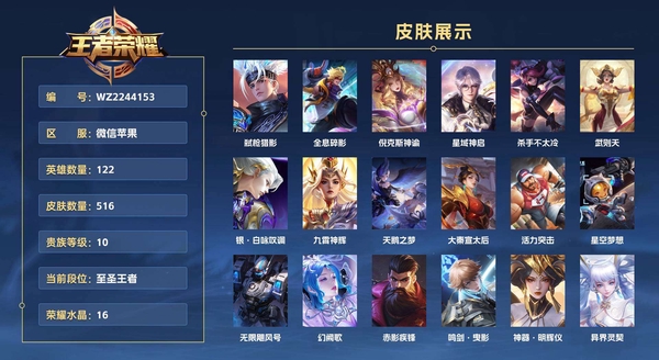 王者荣耀账号苹果VX微信苹果 1【金标安琪拉】22英雄 516皮肤 贵族等级10 已兑换荣耀水晶数16 弑枪猎影 全息碎影 倪克斯神谕 星域神启 杀手不太冷 武则天 银·白咏叹调 九霄神辉 天鹅之梦 大秦宣太后