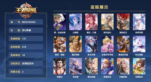 王者荣耀账号苹果QQ手Q苹果 121英雄 419皮肤 贵族等级10 已兑换荣耀水晶数2 银·白咏叹调 幻阙歌 青丘·九尾 碎月剑心 琥珀纪元 异界灵契 寅虎·瑞焰 遇见神鼓 影龙天霄 永恒水手月亮 黄金射手座 时...