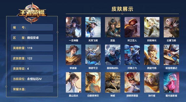 王者荣耀账号安卓VX微信安卓 119英雄 122皮肤 贵族等级4  一念神魔 无双飞将 武圣 时之恋人 炽阳神光 云鹰飞将 李逍遥  神迹守卫 星际陆战队 沉稳之力 蔚蓝守将 航海奇遇记 高山流水 白鹤梁神女 神威...