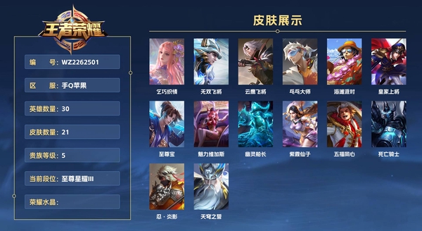 王者荣耀账号苹果QQ手Q苹果 30英雄 21皮肤 贵族等级5 乞巧织情 无双飞将 云鹰飞将 乓乓大师 海滩派对 皇家上将 至尊宝 魅力维加斯 幽灵船长 紫霞仙子 五福同心 死亡骑士 忍·炎影 天穹之誓