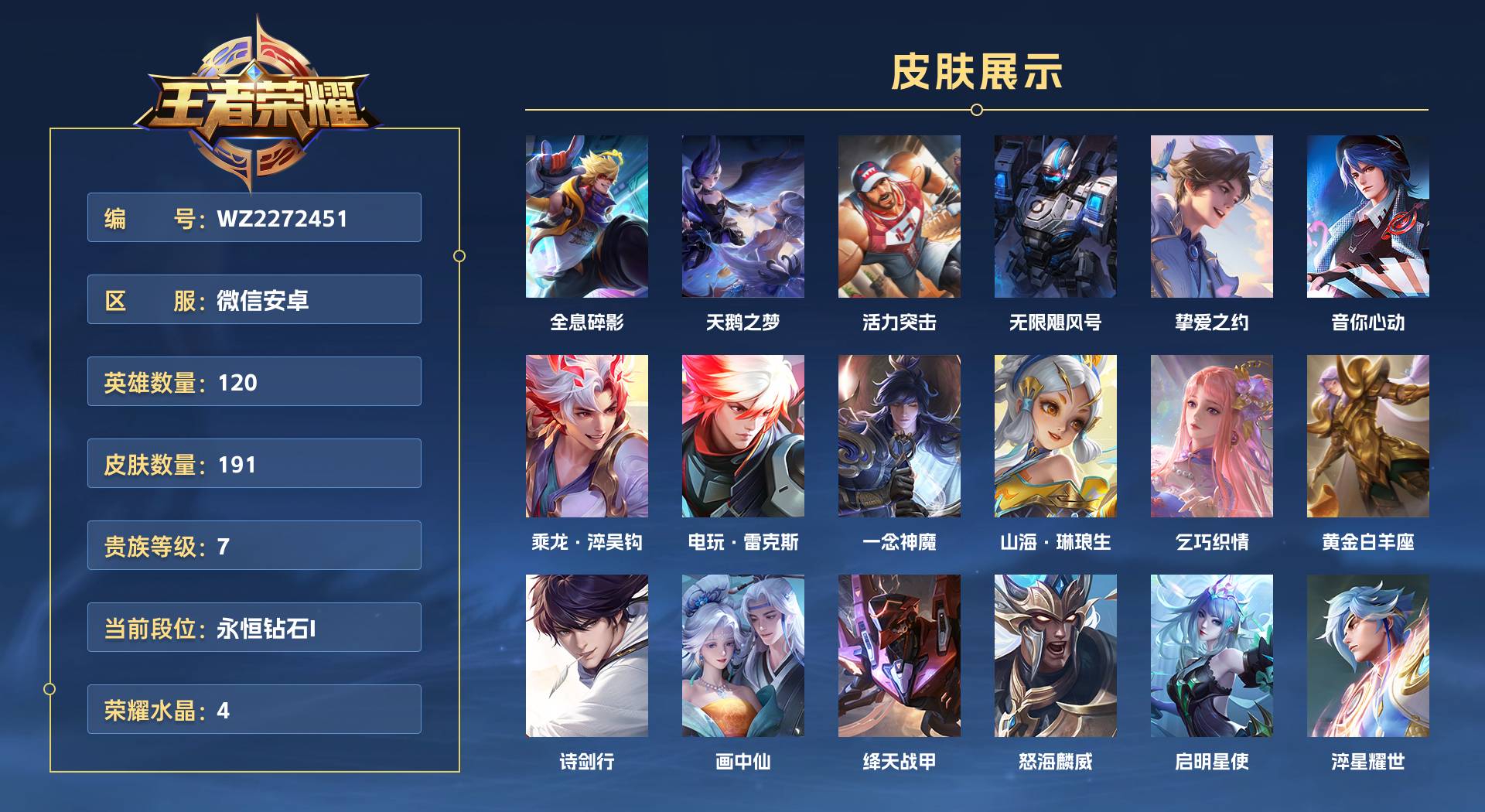 WZ2304725王者荣耀账号详情图1 WZ2304725王者荣耀账号详情图1
