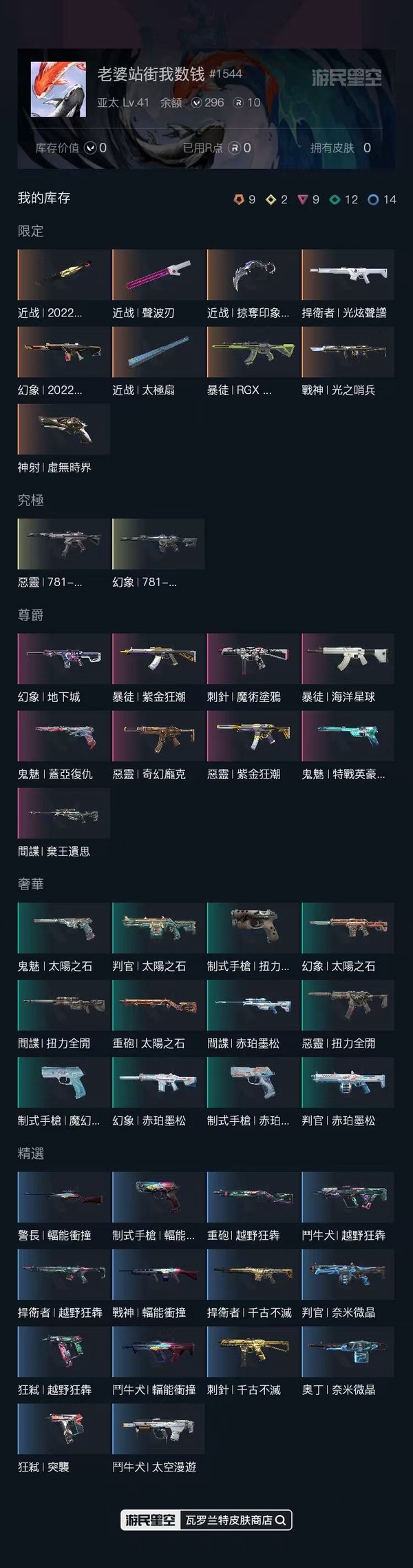 瓦罗兰特账号中国港服段位】銀牌 【枪皮数量】46 【余额】296 【R点】10 【套装】2022全球冠军赛套装 【枪皮信息】近战-2022全球冠军赛 蝴蝶刀，幻影-2022全球冠军赛，近战-谐波音谱，近战-影钩，近...