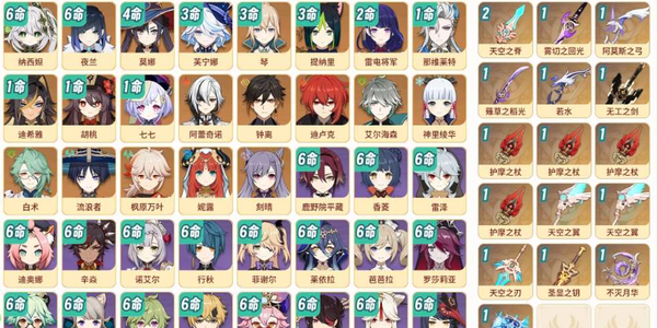 原神账号官服 天空岛60级，69黄，女主，21个五星角色：满命夜兰，满命纳西妲，4命莫娜，3命芙宁娜，3命提纳里，3命琴，2命雷电将军，1命那维莱特，1命迪希雅，1命胡桃，1命七七，钟离，枫原万叶，流浪者，神里绫华，白术