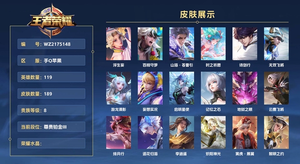 王者荣耀账号苹果QQ手Q苹果 119英雄 189皮肤 贵族等级8  🔥3小国（鬼谷子 赵怀真 廉颇）🔥多万战金标🔥65段游走 2🌟传说（紫瑶 ）2天幕  背包🈶未兑换水晶