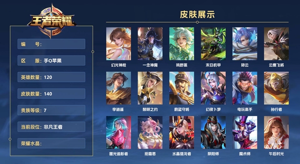 王者荣耀账号苹果QQ手Q苹果 120英雄 140皮肤 贵族等级7  幻光神枪 一念神魔 鸣野蒿 末日机甲 碎云 云鹰飞将 李逍遥  黎明之约 蔚蓝守将 幻夜卜梦 电玩高手 孙行者 匿光追影者 拒霜思 水晶猎龙者 阴...