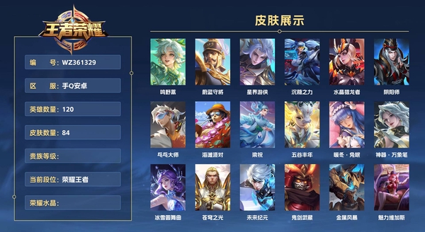 王者荣耀账号安卓QQ手Q安卓 120英雄 84皮肤  鸣野蒿 蔚蓝守将 星界游侠 沉稳之力 水晶猎龙者 阴阳师 乓乓大师 海滩派对 梁祝 五谷丰年 暖冬·兔眠 神器·万象笔 冰雪圆舞曲 苍穹之光 未来纪元 鬼剑武藏...