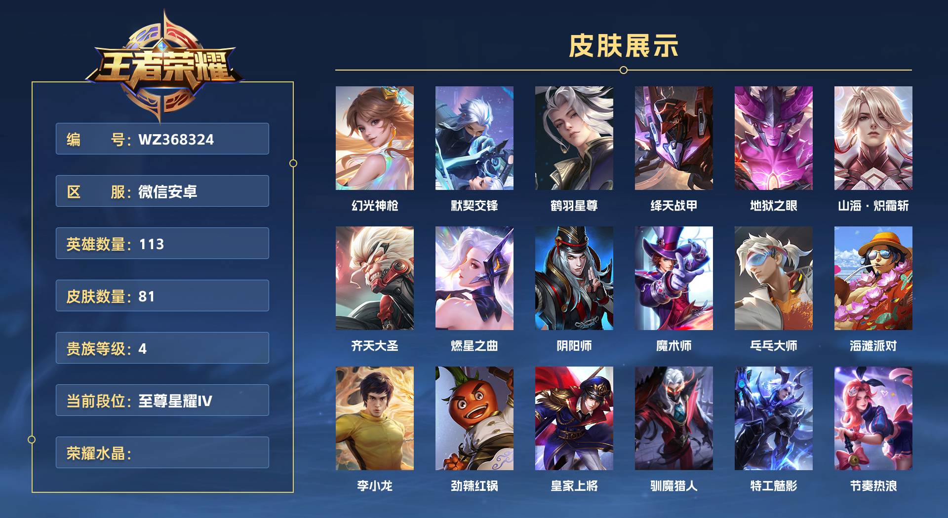 WZ368324王者荣耀账号详情图1 WZ368324王者荣耀账号详情图1
