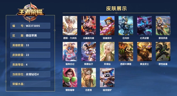王者荣耀账号苹果VX微信苹果 33英雄 22皮肤 贵族等级4  愿照·九州拓 水晶猎龙者 海滩派对 白龙吟 心灵战警 箭羽风息 猫狗日记 紫霞仙子 茶境仙 西部大镖客 黄金武士 野性能量 爆裂喵拳 访茗客 谧流熔炉