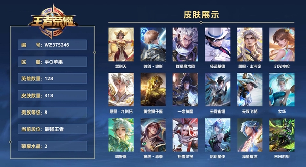 王者荣耀账号苹果QQ手Q苹果 123英雄 313皮肤 贵族等级8 已兑换荣耀水晶数2  武则天 鸣剑·曳影 群星魔术团 怪盗基德 愿照·山河定 幻光神枪 愿照·九州拓 黄金狮子座 一念神魔 云霓雀翎 无双飞将 太华...