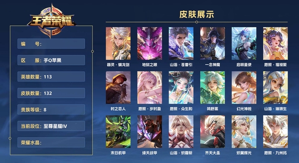 王者荣耀账号苹果QQ手Q苹果 113英雄 132皮肤 贵族等级8  器灵·螭龙剑 地狱之眼 山海·苍雷引 一念神魔 启明星使 愿照·福禄聚 时之恋人 愿照·岁时盈 愿照·众生和 鸣野蒿 幻光神枪 山海·琳琅生 末日...