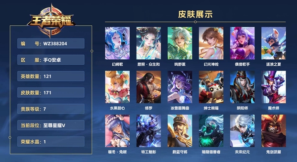 王者荣耀账号安卓QQ手Q安卓 121英雄 171皮肤 贵族等级7 已兑换荣耀水晶数1  幻阙歌 愿照·众生和 鸣野蒿 幻光神枪 偶像歌手 逐浪之夏 水果甜心 修罗 冰雪圆舞曲 绅士熊喵 阴阳师 魔术师 暖冬·兔眠 ...