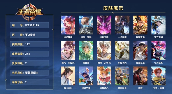 王者荣耀账号安卓QQ手Q安卓 122英雄 244皮肤 贵族等级7 已兑换荣耀水晶数2  拾光映像 鸣剑·曳影 地狱之眼 一念神魔 祥瑞亨通 无双飞将 乘龙·问璇玑 鸣野蒿 愿照·九州拓 炽阳神光 摇滚巨星 心灵骇客...