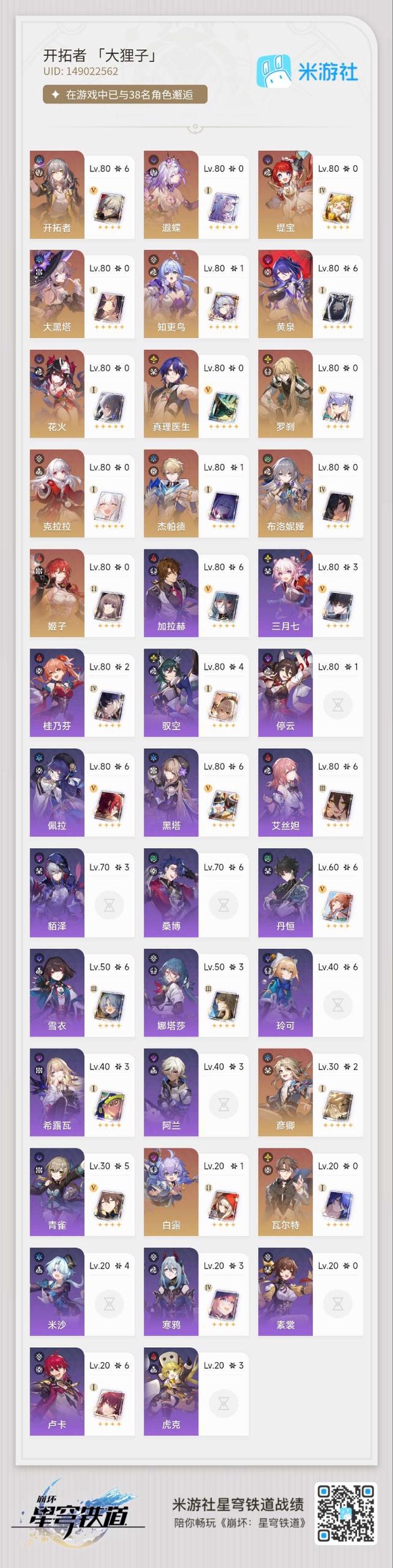 星穹铁道账号mihoyo服0+1遐蝶 6+1黄泉 缇宝