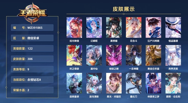 王者荣耀账号安卓VX微信安卓 122英雄 386皮肤 贵族等级9 已兑换荣耀水晶数2  拾光映像 幻阙歌 离恨烟 花合斗 江户川柯南 怪盗基德 时之奇旅 画中仙 地狱之眼 一念神魔 黄金白羊座 异界灵契 启明星使 ...
