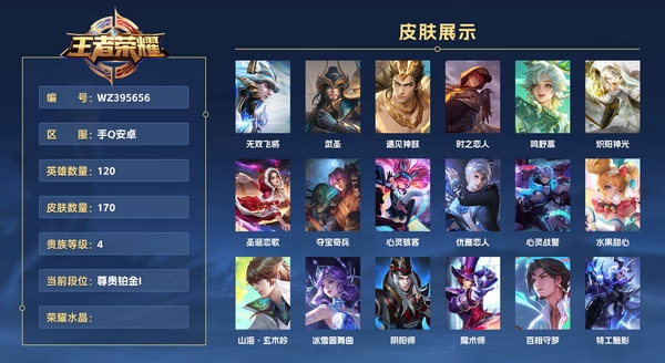 王者荣耀账号安卓QQ手Q安卓 120英雄 170皮肤 贵族等级4  无双飞将 武圣 遇见神鼓 时之恋人 鸣野蒿 炽阳神光 圣诞恋歌 夺宝奇兵 心灵骇客 优雅恋人 心灵战警 水果甜心 山海·玄木吟 冰雪圆舞曲 阴阳师...