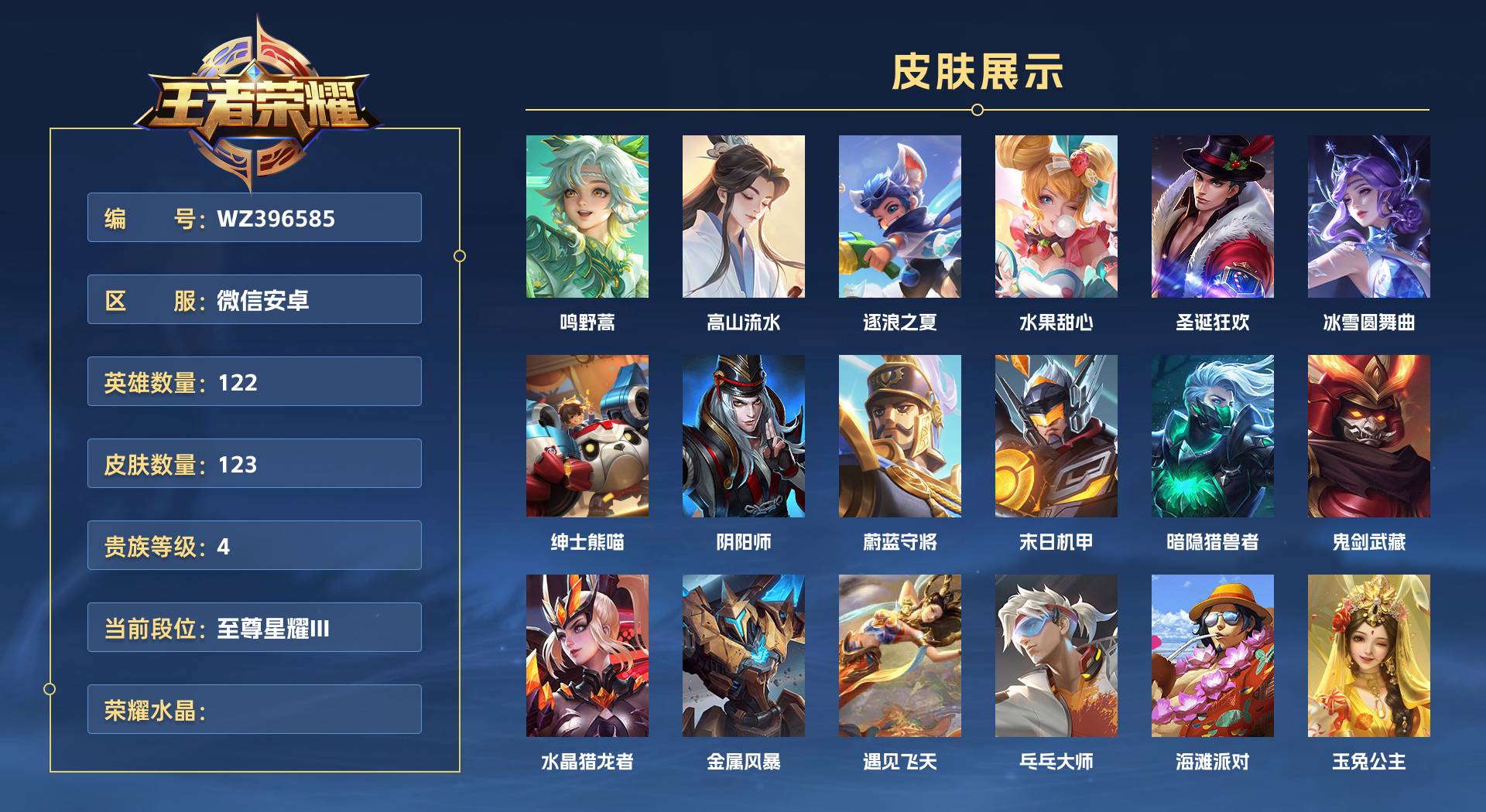 WZ396585王者荣耀账号详情图1 WZ396585王者荣耀账号详情图1