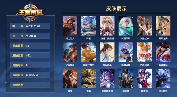 王者荣耀账号苹果QQ手Q苹果 121英雄 162皮肤 贵族等级7  时之恋人 碎云 山海·炽霜斩 时雨天司 久胜战神 黎明之约 夺宝奇兵 黄金分割率 高山流水 逐浪之夏 水果甜心 圣诞狂欢 修罗 神威 冰雪圆舞曲 ...