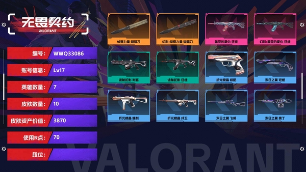 无畏契约账号QQ【等级】17【皮肤资产价值】3870【使用R点】70【英雄数量】7【皮肤数量】10【卡面数量】14【喷漆数量】8【挂饰数量】13【随身武器】折光棱晶-标配,末日之翼-短炮【冲锋枪】折光棱晶-蜂刺...