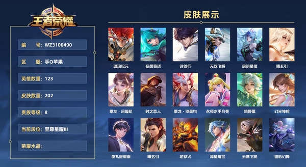王者荣耀账号安卓QQ手Q苹果 123英雄 202皮肤 贵族等级8  琥珀纪元 妄想奇谈 诗剑行 无双飞将 启明星使 曦玄引 乘龙·问璇玑 时之恋人 乘龙·淬吴钩 永恒水手月亮 鸣野蒿 幻光神枪 夜礼服假面 曦玄引 ...