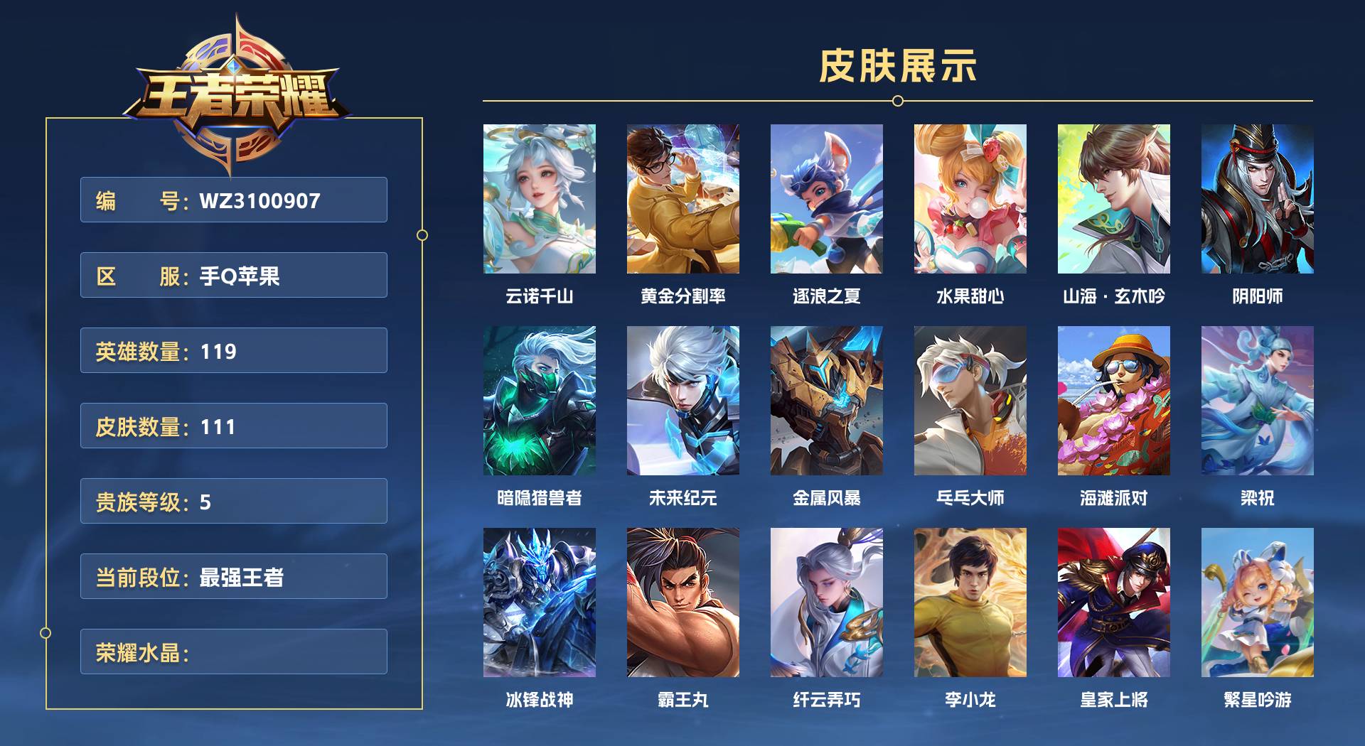 WZ3100907王者荣耀账号详情图1