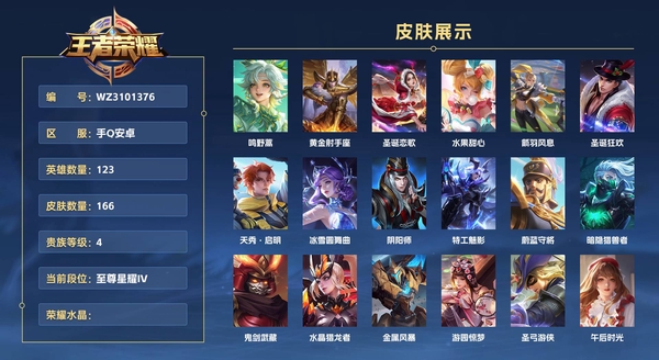 王者荣耀账号安卓QQ手Q安卓 123英雄 166皮肤 贵族等级4  鸣野蒿 黄金射手座 圣诞恋歌 水果甜心 箭羽风息 圣诞狂欢 天秀·启明 冰雪圆舞曲 阴阳师 特工魅影 蔚蓝守将 暗隐猎兽者 鬼剑武藏 水晶猎龙者 ...