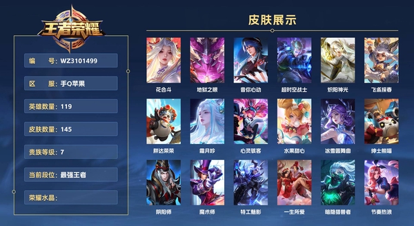 王者荣耀账号苹果QQ手Q苹果 119英雄 145皮肤 贵族等级7  花合斗 地狱之眼 音你心动 超时空战士 炽阳神光 飞鸢探春 胖达荣荣 霜月吟 心灵骇客 水果甜心 冰雪圆舞曲 绅士熊喵 阴阳师 魔术师 特工魅影 ...