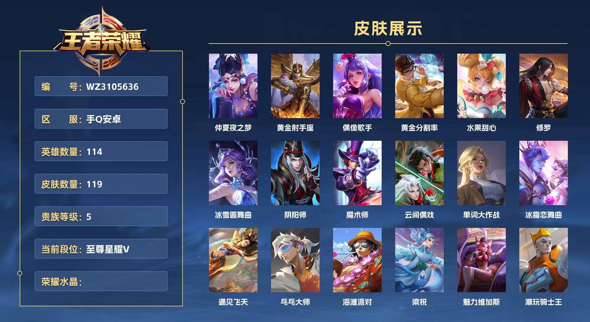 WZ3105636王者荣耀账号详情图1 WZ3105636王者荣耀账号详情图1