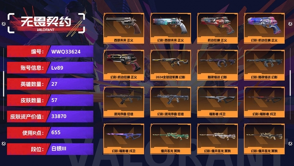 无畏契约账号QQ【等级】89【段位】白银III【皮肤资产价值】33870【使用R点】655【英雄数量】27【皮肤数量】57【卡面数量】67【喷漆数量】53【挂饰数量】66【套装】神中神罚 礼包【随身武器】西部未...