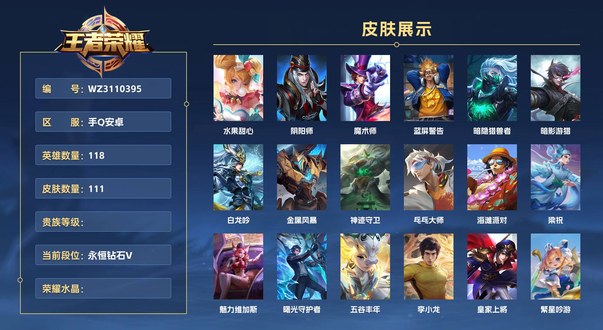 WZ3110395王者荣耀账号详情图1 WZ3110395王者荣耀账号详情图1