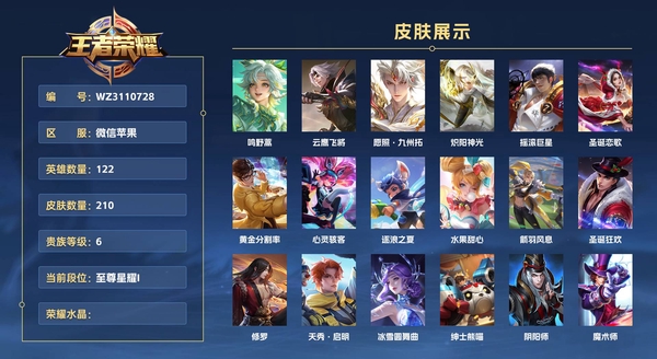 王者荣耀账号苹果VX微信苹果 122英雄 210皮肤 贵族等级6  鸣野蒿 云鹰飞将 愿照·九州拓 炽阳神光 摇滚巨星 圣诞恋歌 黄金分割率 心灵骇客 逐浪之夏 水果甜心 箭羽风息 圣诞狂欢 修罗 天秀·启明 冰雪...