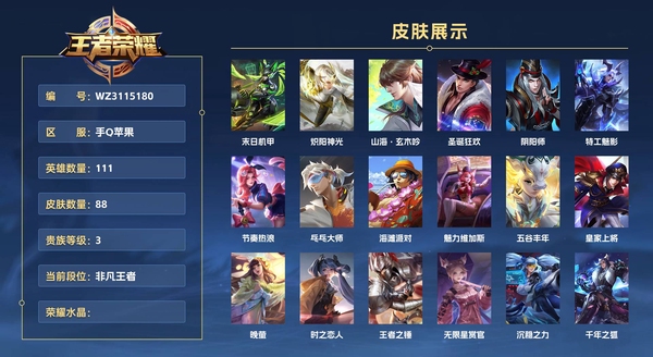 王者荣耀账号苹果QQ手Q苹果 111英雄 88皮肤 贵族等级3  末日机甲 炽阳神光 山海·玄木吟 圣诞狂欢 阴阳师 特工魅影 节奏热浪 乓乓大师 海滩派对 魅力维加斯 五谷丰年 皇家上将 晚萤 时之恋人 王者之锤...