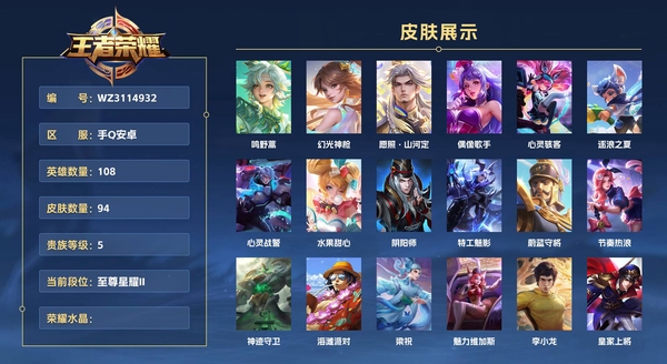 王者荣耀账号安卓QQ手Q安卓 108英雄 94皮肤 贵族等级5  鸣野蒿 幻光神枪 愿照·山河定 偶像歌手 心灵骇客 逐浪之夏 心灵战警 水果甜心 阴阳师 特工魅影 蔚蓝守将 节奏热浪 神迹守卫 海滩派对 梁祝 魅...