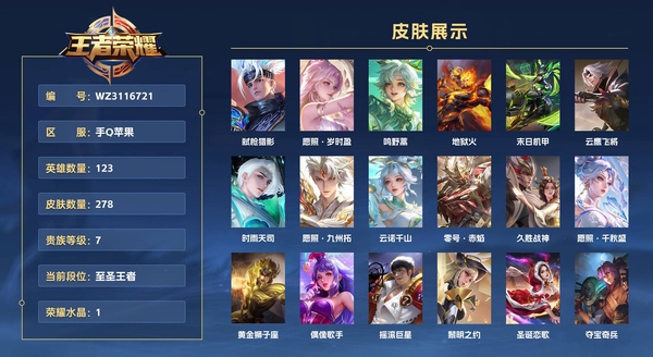 王者荣耀账号苹果QQ手Q苹果 123英雄 278皮肤 贵族等级7 已兑换荣耀水晶数1  弑枪猎影 愿照·岁时盈 鸣野蒿 地狱火 末日机甲 云鹰飞将 时雨天司 愿照·九州拓 云诺千山 零号·赤焰 久胜战神 愿照·千秋...