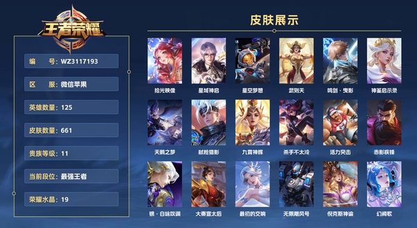 王者荣耀账号苹果VX微信苹果 125英雄 661皮肤 贵族等级11 已兑换荣耀水晶数19  拾光映像 星域神启 星空梦想 武则天 鸣剑·曳影 神鉴启示录 天鹅之梦 弑枪猎影 九霄神辉 杀手不太冷 活力突击 赤影疾锋...