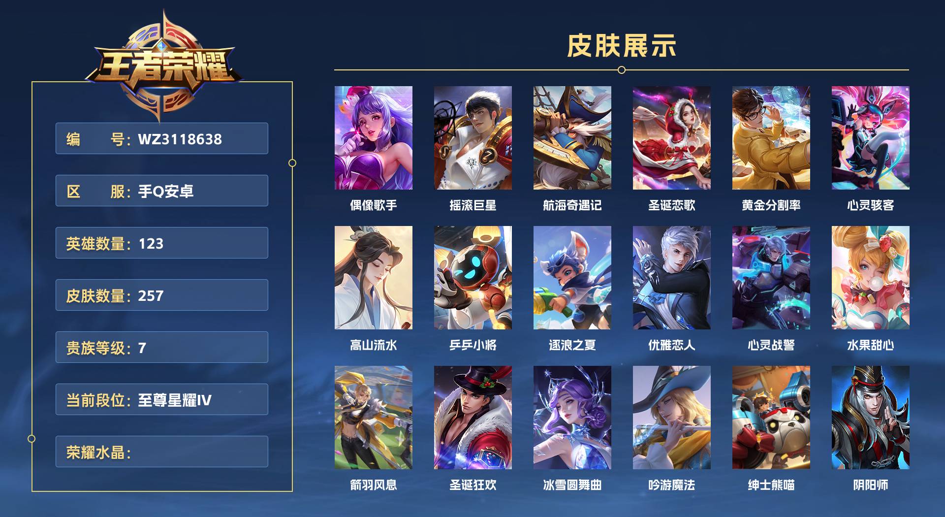 WZ3118638王者荣耀账号详情图1 WZ3118638王者荣耀账号详情图1