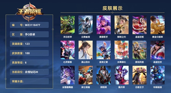 王者荣耀账号安卓QQ手Q安卓 123英雄 188皮肤 贵族等级6  末日机甲 云霓雀翎 偶像歌手 黎明之约 圣诞恋歌 黄金分割率 心灵骇客 高山流水 逐浪之夏 水果甜心 箭羽风息 圣诞狂欢 冰雪圆舞曲 绅士熊喵 阴...