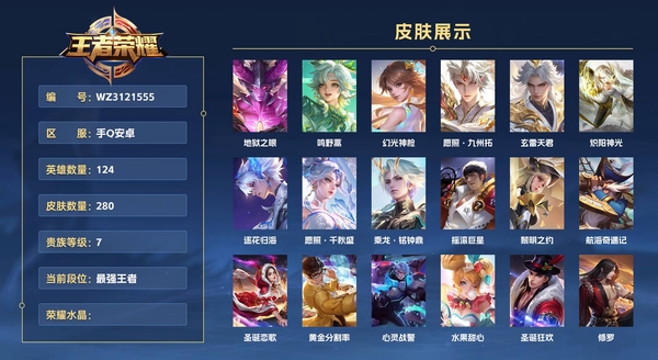 王者荣耀账号安卓QQ手Q安卓 124英雄 280皮肤 贵族等级7  地狱之眼 鸣野蒿 幻光神枪 愿照·九州拓 玄雷天君 炽阳神光 逐花归海 愿照·千秋盛 乘龙·铭钟鼎 摇滚巨星 黎明之约 航海奇遇记 圣诞恋歌 黄金...
