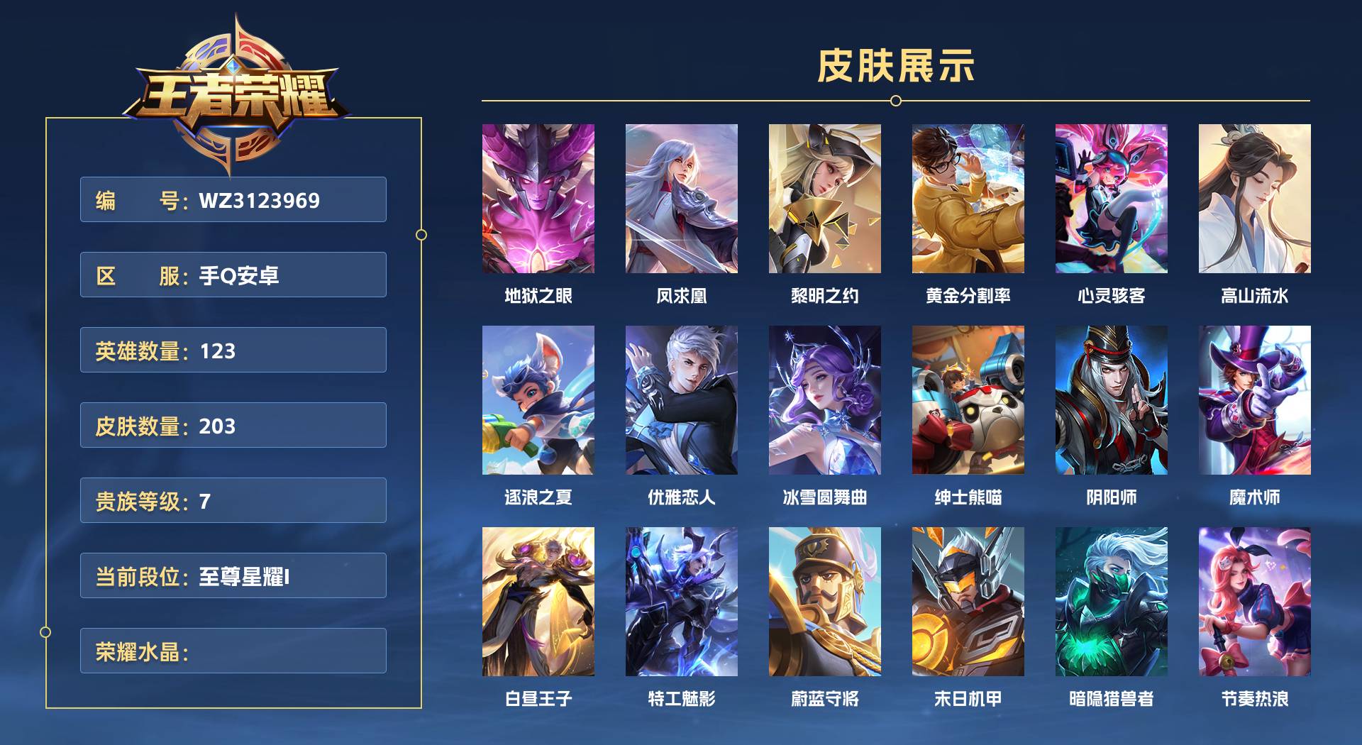 WZ3123969王者荣耀账号详情图1 WZ3123969王者荣耀账号详情图1